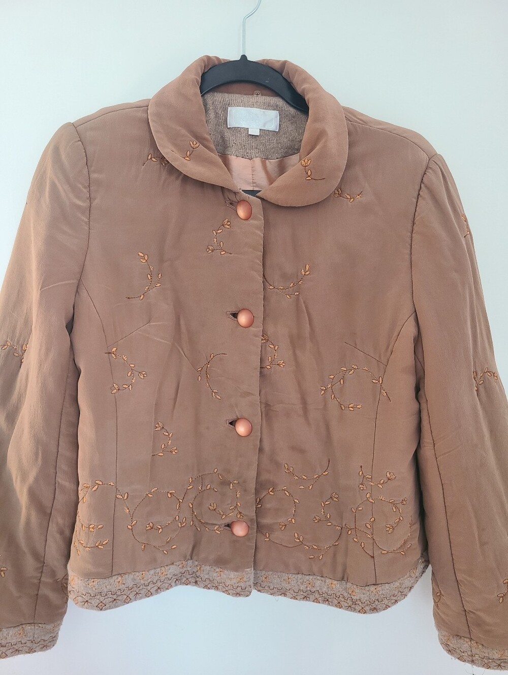 Silk Quilted Jacket | Tan/Brown Grandmacore Peter Pan Collar Coat — Size 44 / SM